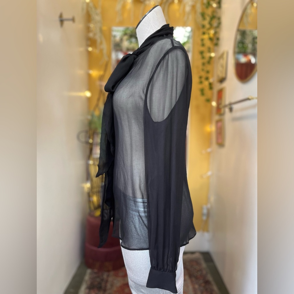 Saint Laurent Paris Silk Sheer Long Sleeve Button Down with Bow - Picture 6 of 15